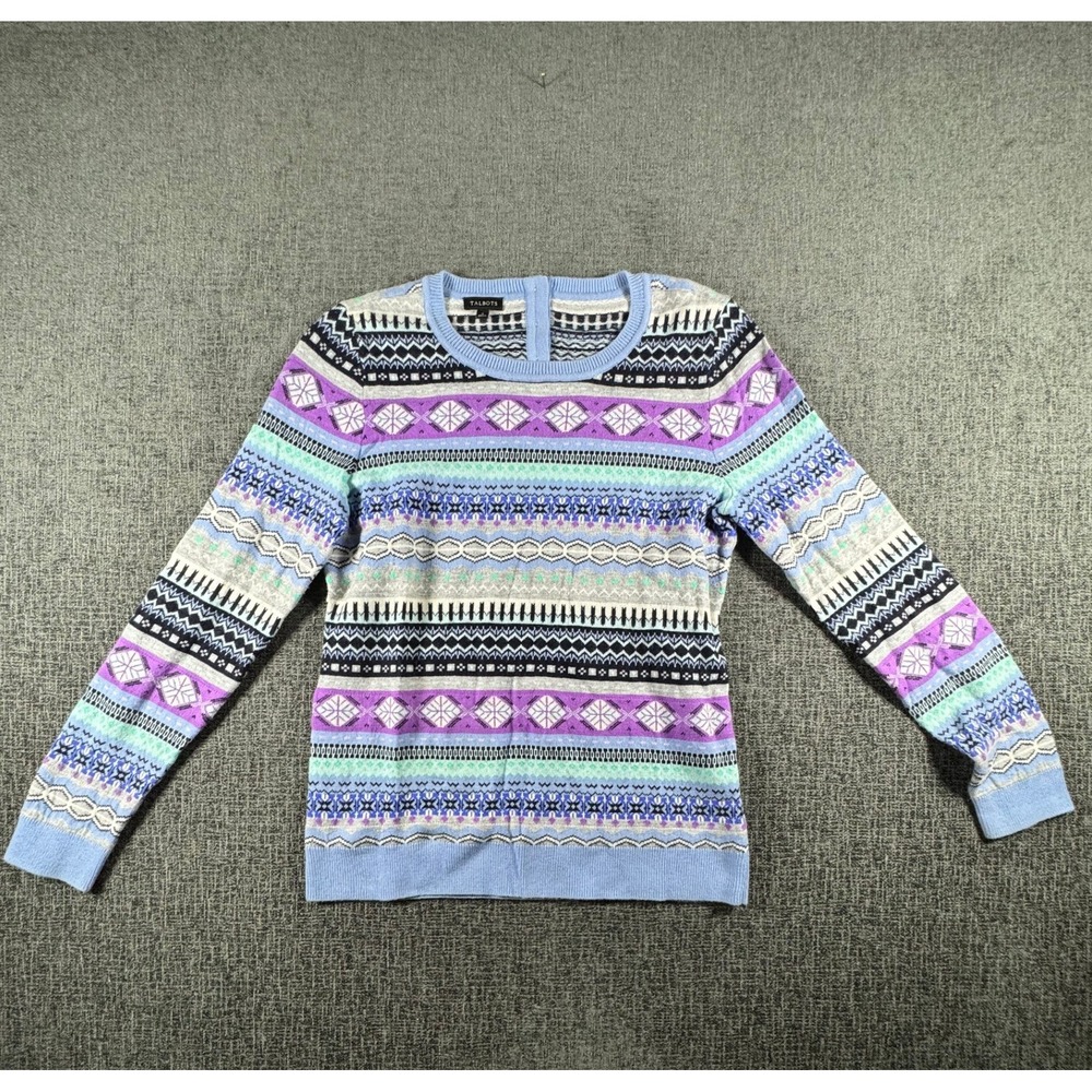 Talbots Womens Small Blue Purple Fair Isle‎ Knit Sweater Long Sleeve Crew Neck
